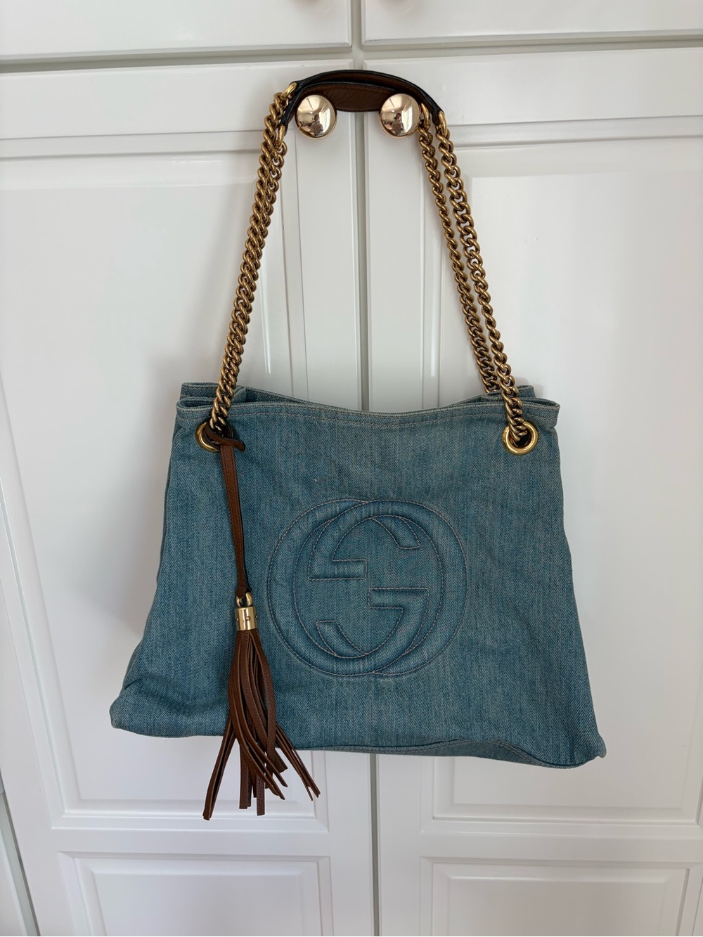 Gucci Denim Shoulder Bag with Brown Tassel and Gold Chain